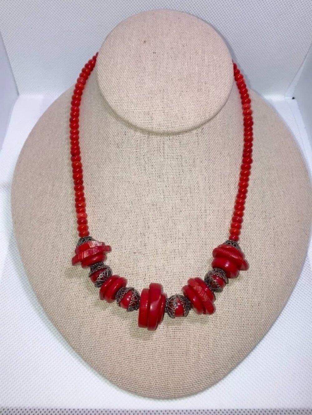 Made In Italy Red 925 Sterling Silver Coral Necklace With Decorative Bead Casing